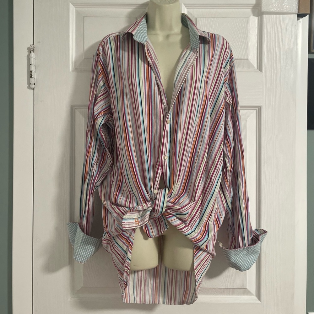Thomas Dean men’s multicolor striped long sleeve button up